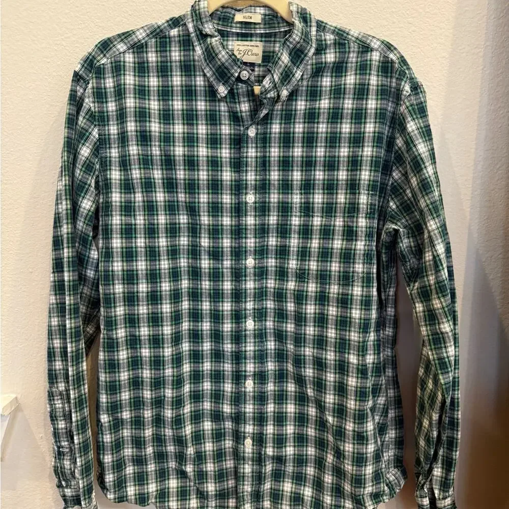 J. Crew Green and White Plaid Casual Shirt